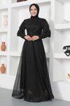 Siyah Simli Manşeti Fermuar Detaylı Tesettür Abiye Elbise