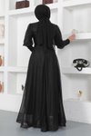 Siyah Simli Manşeti Fermuar Detaylı Tesettür Abiye Elbise