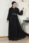 Siyah Simli Şifon Drapeli İnci Detaylı Tesettür Abiye Elbise