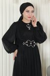 Siyah Simli Şifon Drapeli İnci Detaylı Tesettür Abiye Elbise