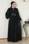 Siyah Simli Şifon Drapeli İnci Detaylı Tesettür Abiye Elbise