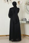 Siyah Simli Şifon Drapeli �İnci Detaylı Tesettür Abiye Elbise