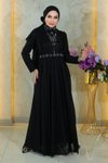 Siyah Simli Taş Detaylı Göğsü Drapeli Şifon Tesettür Abiye Elbise