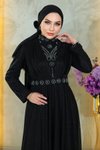 Siyah Simli Taş Detaylı Göğsü Drapeli Şifon Tesettür Abiye Elbise