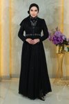 Siyah Simli Taş Detaylı Göğsü Drapeli Şifon Tesettür Abiye Elbise