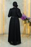 Siyah Simli Taş Detaylı Göğsü Drapeli Şifon Tesettür Abiye Elbise