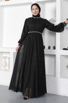 Siyah Simli Tesettür İnci Detaylı Şifon Abiye Elbise