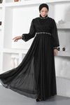 Siyah Simli Tesettür İnci Detaylı Şifon Abiye Elbise