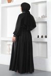 Siyah Simli Tesettür İnci Detaylı Şifon Abiye Elbise