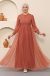Somon Tesettür Düğme Detaylı Tül Abiye Elbise