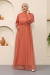 Somon Tül Tesettür İnci Detaylı Abiye Elbise