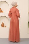 Somon Tül Tesettür İnci Detaylı Abiye Elbise