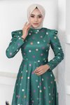 Zümrüt Çiçekli Puantiyeli Saten Tesettür Abiye Elbise