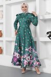 Zümrüt Çiçekli Puantiyeli Saten Tesettür Abiye Elbise