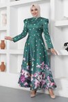 Zümrüt Çiçekli Puantiyeli Saten Tesettür Abiye Elbise