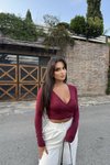 Bordo Basic Kruvaze Yaka Dalgıç Crop Top