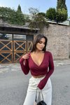 Bordo Basic Kruvaze Yaka Dalgıç Crop Top