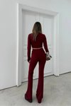 Bordo Bisiklet Yaka Parmak Geçmeli Bluz Tayt İkili Takım