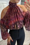 Bordo Desenli Dik Yaka Omuz Dekolteli Şifon Bluz
