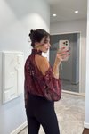 Bordo Desenli Dik Yaka Omuz Dekolteli Şifon Bluz