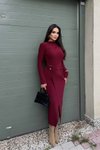 Bordo Midi Bisiklet Yaka Bel Aksesuar Detay Elbise