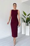 Bordo Midi Sıfır Kol Taşlı Elbise