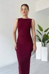 Bordo Midi Sıfır Kol Taşlı Elbise
