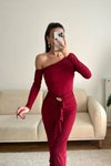 Bordo Midi Tek Omuzlu Dekolteli Aksesuar Detaylı Elbise