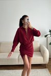 Bordo Mini Gömlek Eteği Büzgülü Elbise