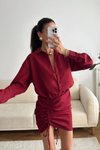Bordo Mini Gömlek Eteği Büzgülü Elbise
