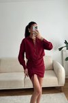Bordo Mini Gömlek Eteği Büzgülü Elbise