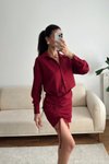 Bordo Mini Gömlek Eteği Büzgülü Elbise