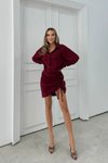 Bordo Mini Gömlek Eteği Büzgülü Elbise