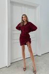 Bordo Mini Gömlek Eteği Büzgülü Elbise