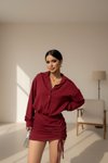 Bordo Mini Gömlek Eteği Büzgülü Elbise