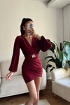 Bordo Mini Kruvaze Yaka Balon Kol Kemer Detaylı Elbise