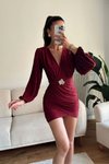 Bordo Mini Kruvaze Yaka Balon Kol Kemer Detaylı Elbise
