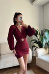 Bordo Mini Kruvaze Yaka Balon Kol Kemer Detaylı Elbise