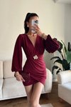 Bordo Mini Kruvaze Yaka Balon Kol Kemer Detaylı Elbise