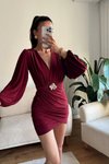 Bordo Mini Kruvaze Yaka Balon Kol Kemer Detaylı Elbise