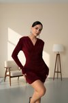 Bordo Mini Kruvaze Yaka Taşlı Abiye Elbise