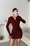 Bordo Mini Kruvaze Yaka Taşlı Abiye Elbise
