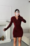 Bordo Mini Kruvaze Yaka Taşlı Abiye Elbise
