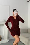 Bordo Mini Kruvaze Yaka Taşlı Abiye Elbise