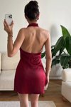 Bordo Mini Saten Sırt Dekolteli Abiye Elbise