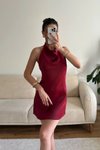 Bordo Mini Saten Sırt Dekolteli Abiye Elbise