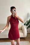 Bordo Mini Saten Sırt Dekolteli Abiye Elbise