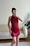 Bordo Mini Saten Sırt Dekolteli Abiye Elbise