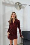 Bordo Simli Mini Omuzları Vatkalı V Yaka Elbise