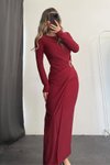 Bordo Uzun Bel Toka Detaylı Elbise